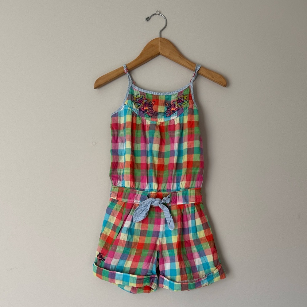 Catimini Multicolor Plaid Sleeveless Romper with Bow Belt